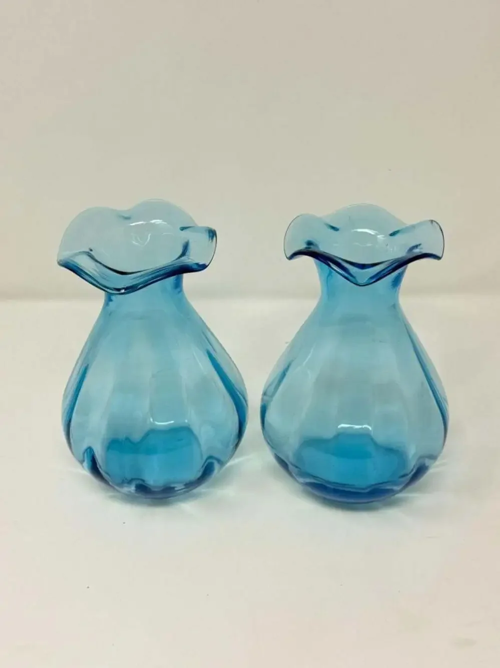 Set of 2 Vintage Blue Blown Glass Vases with Wrought Iron Scroll Stands